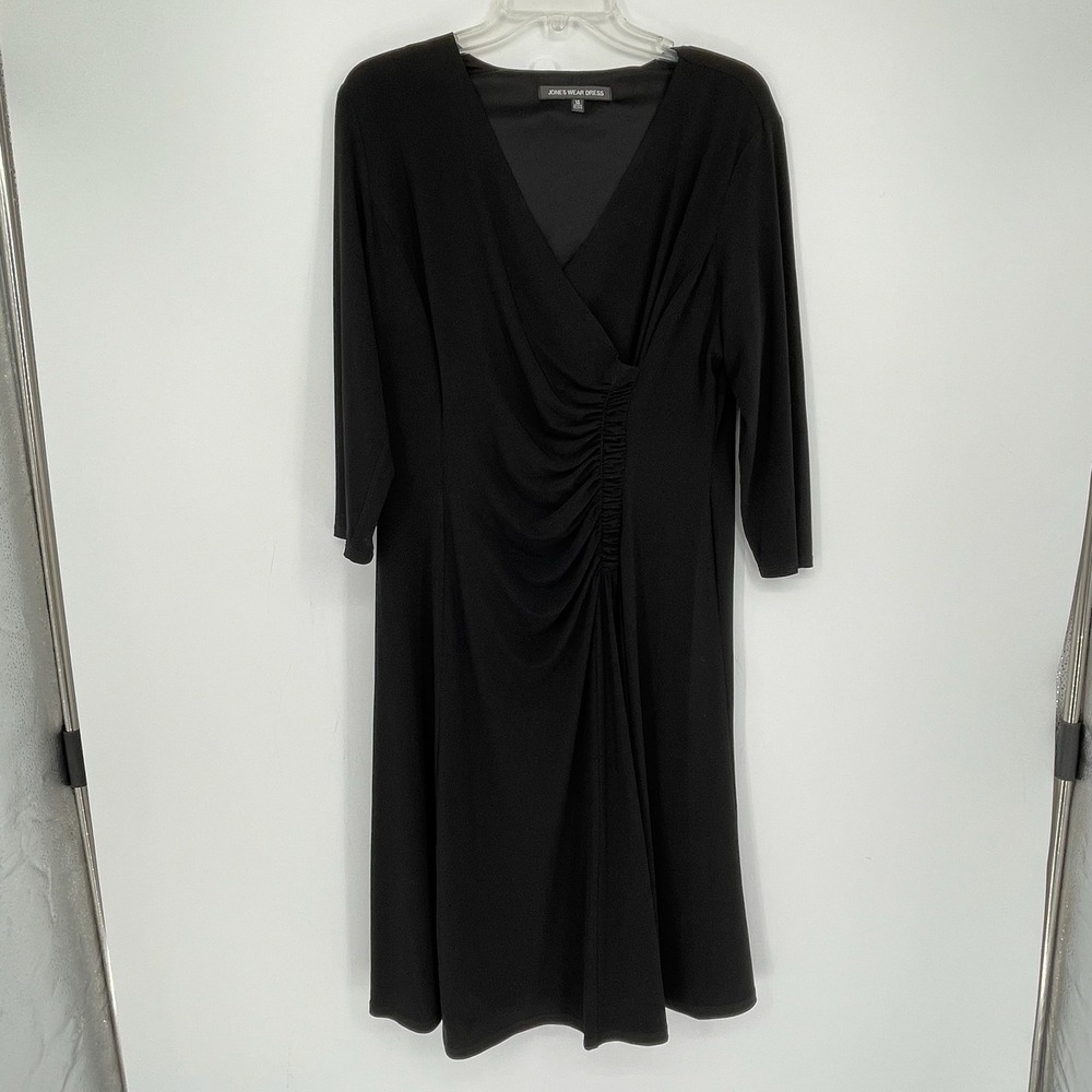 Jones Wear Dress Women's Black Faux Wrap Stretch Ruched LBD Sheath Dress Size 14